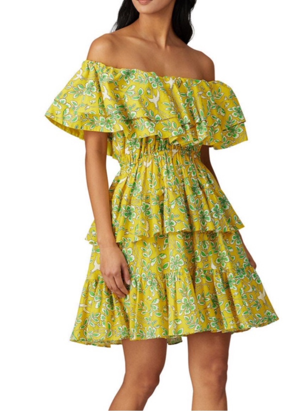 RHODE Yellow Floral Off-Shoulder Tiered Mini Dress